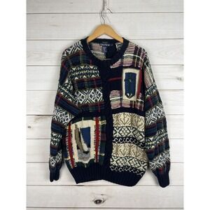 Vintage‎ Nautica Sweater Mens Large Multicolor Handknit Patchwork Crewneck 90s